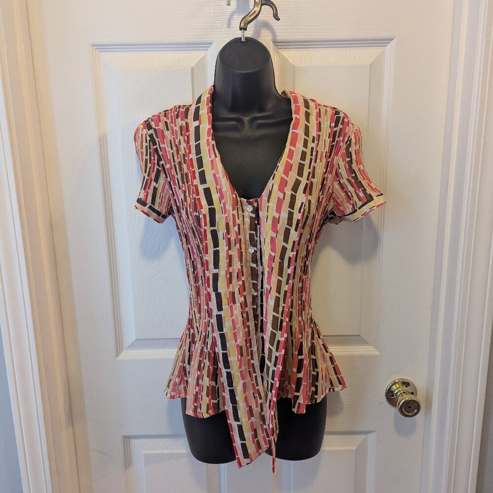 Worthington crinkled blouse in pink, brown, and yellow - M